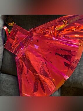 Dolls Kill Club Exx Suke Pink Translucent Holographic Apron Pinafore Dress L